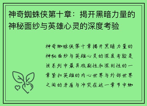 神奇蜘蛛侠第十章：揭开黑暗力量的神秘面纱与英雄心灵的深度考验
