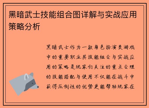 黑暗武士技能组合图详解与实战应用策略分析